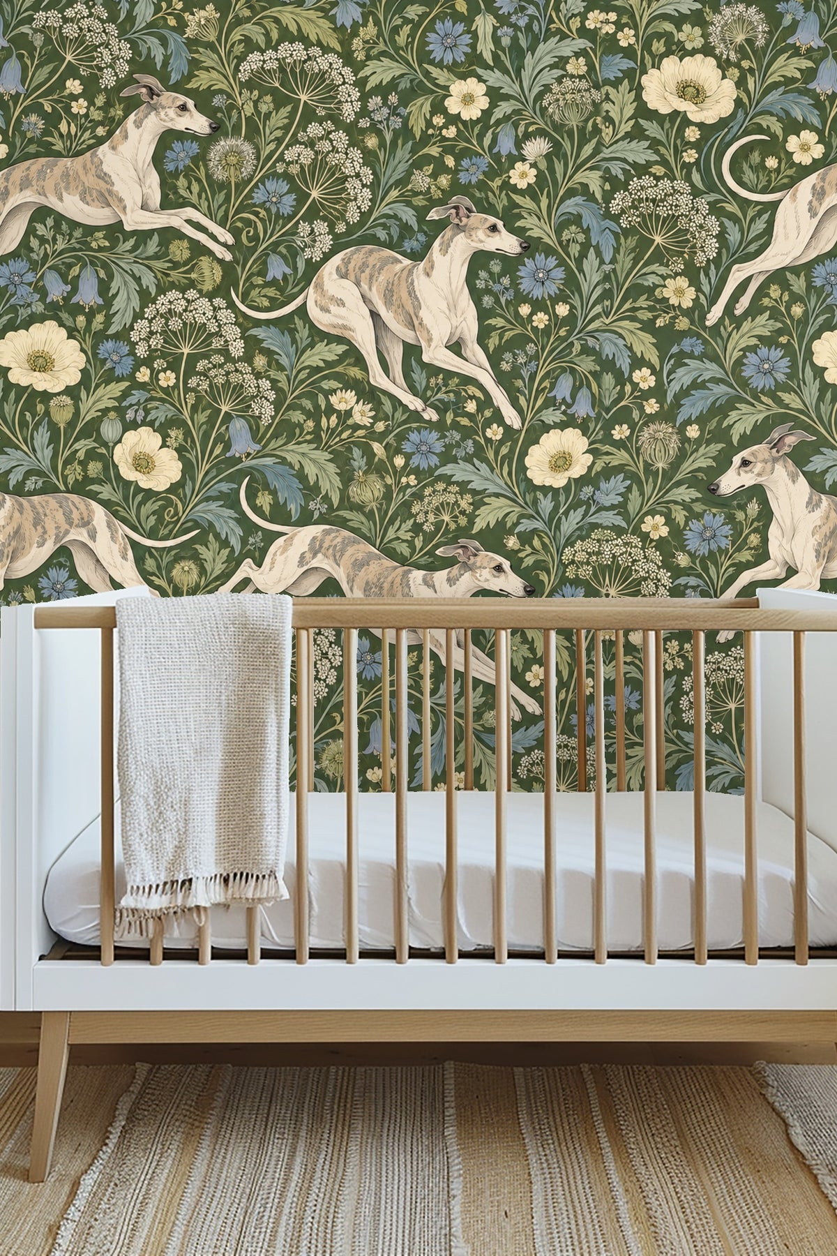 Close-up detail of whippet figures in wallpaper pattern