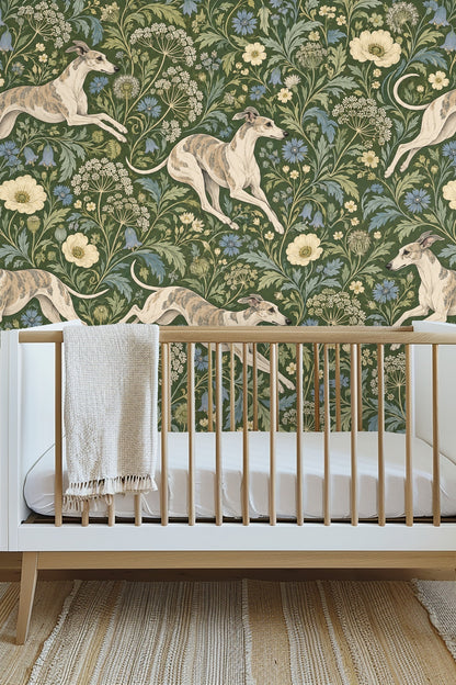 Close-up detail of whippet figures in wallpaper pattern