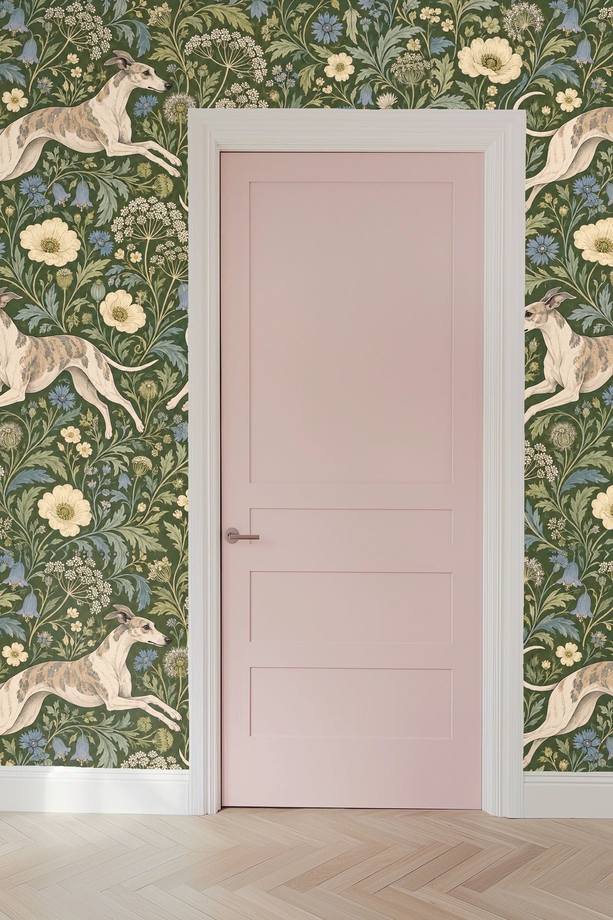 Vintage-style whippet dog illustration in wallpaper