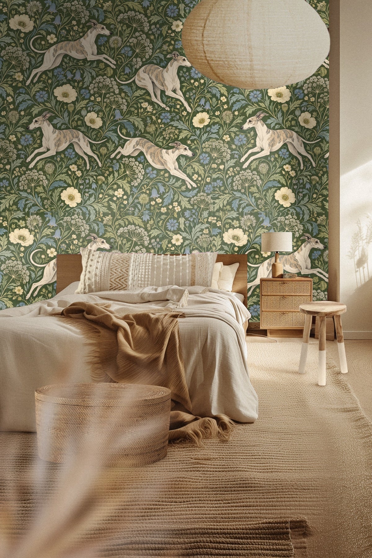 Living room entryway with Whippet Meadow Chase wallpaper, natural wood sideboard, and neutral artwork