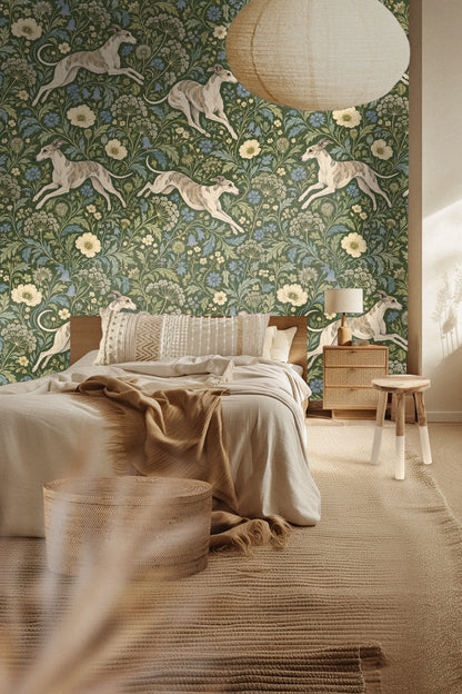 Living room entryway with Whippet Meadow Chase wallpaper, natural wood sideboard, and neutral artwork