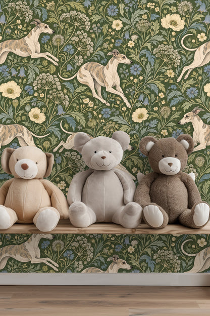 Detailed view of blue bells and cream flowers on wallpaper