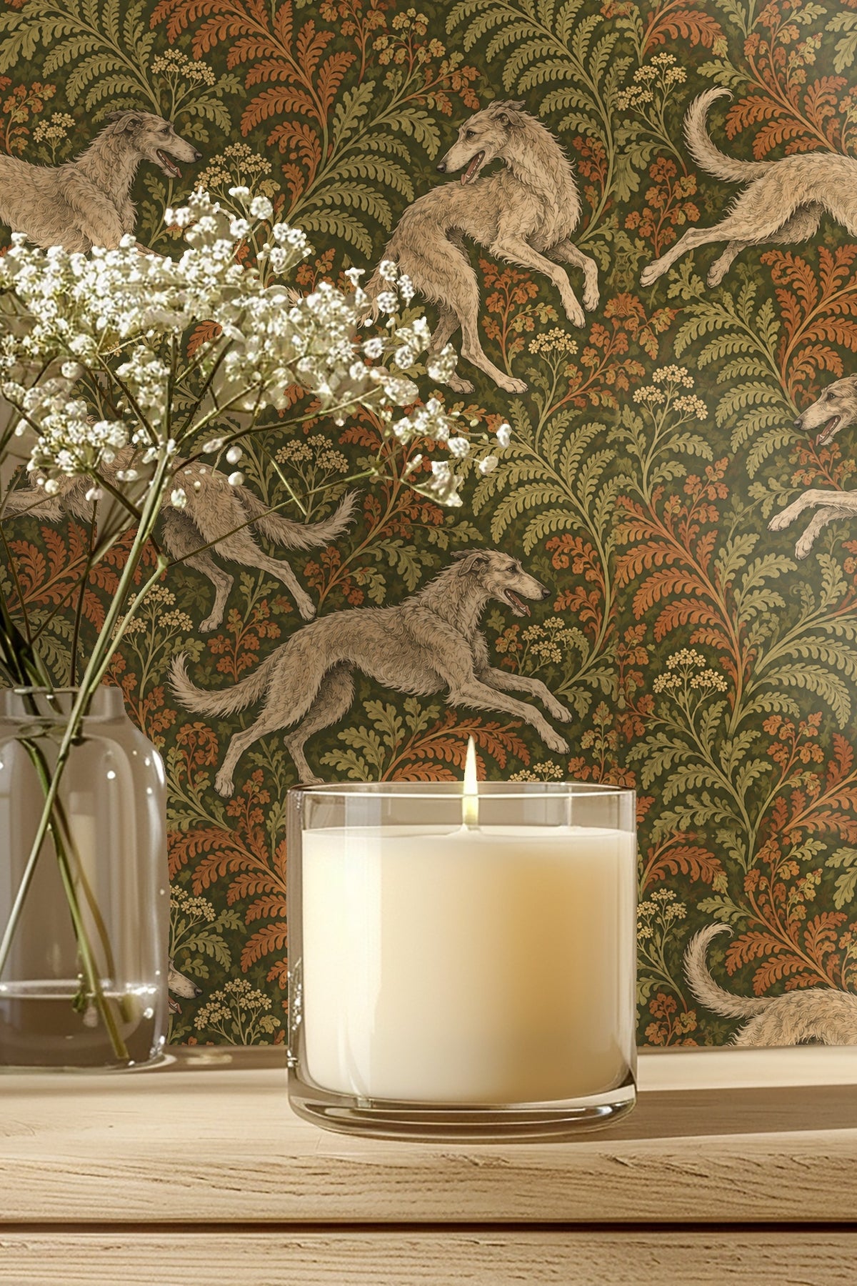 Wallpaper artwork showing leaping greyhounds and lush ferns in muted greens and rusts