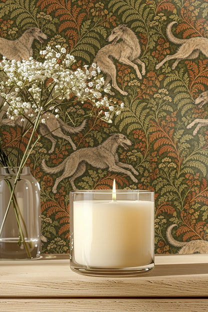 Wallpaper artwork showing leaping greyhounds and lush ferns in muted greens and rusts