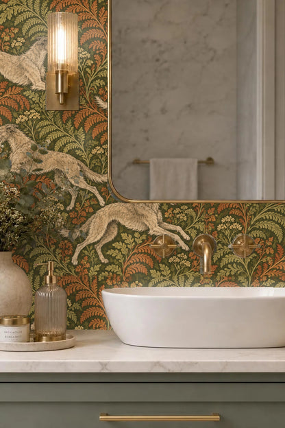 Arched entryway decorated with wallpaper of dynamic greyhounds leaping amid fern fronds and wildflowers