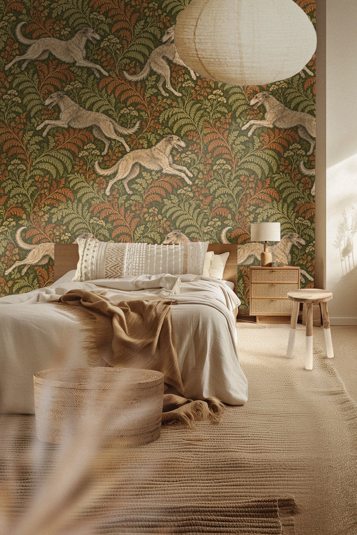 Feral Fern Play wallpaper shown in an interior setting