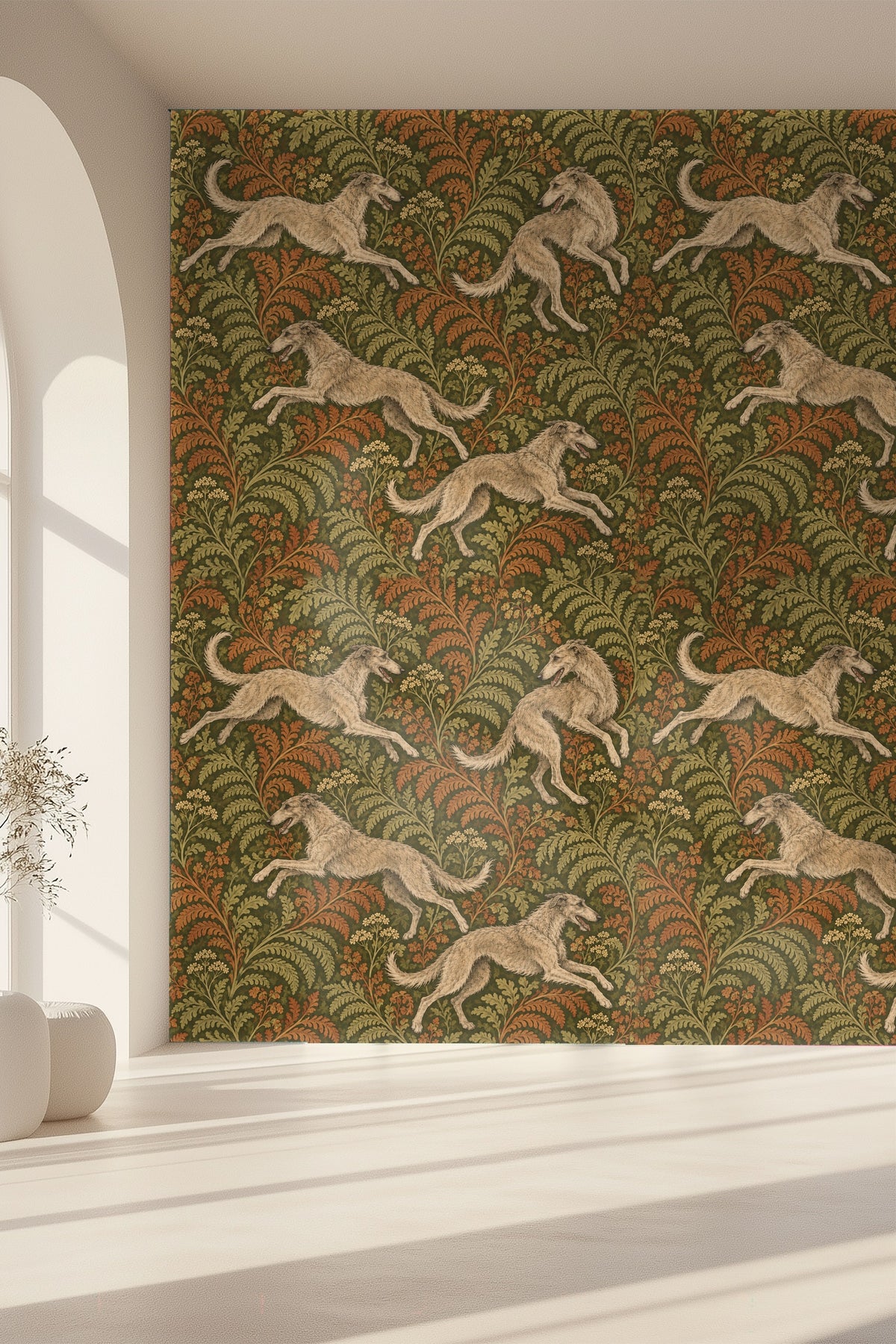 Feral Fern Play wallpaper shown in an interior setting