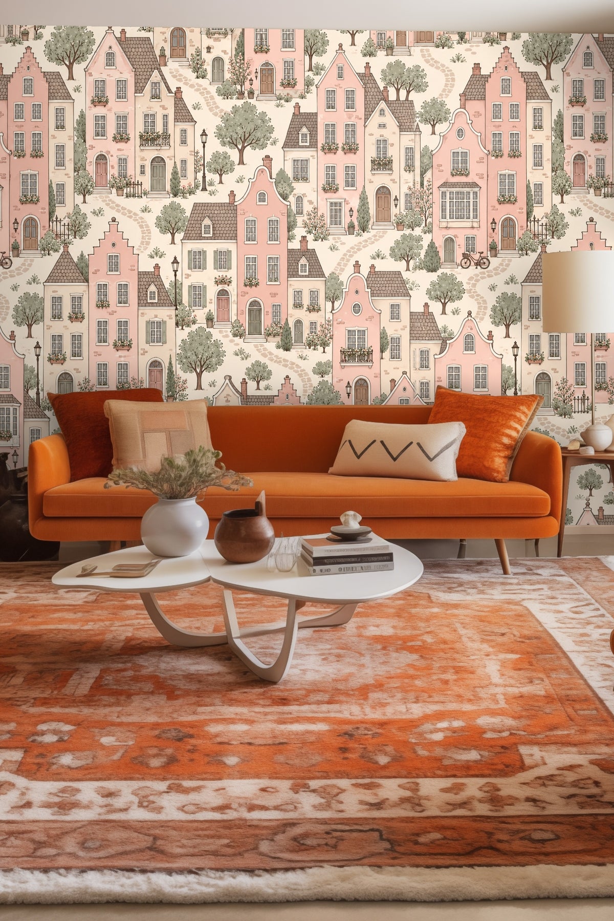 Living room featuring wallpaper with pink houses and muted greens behind a white sofa and rust chair