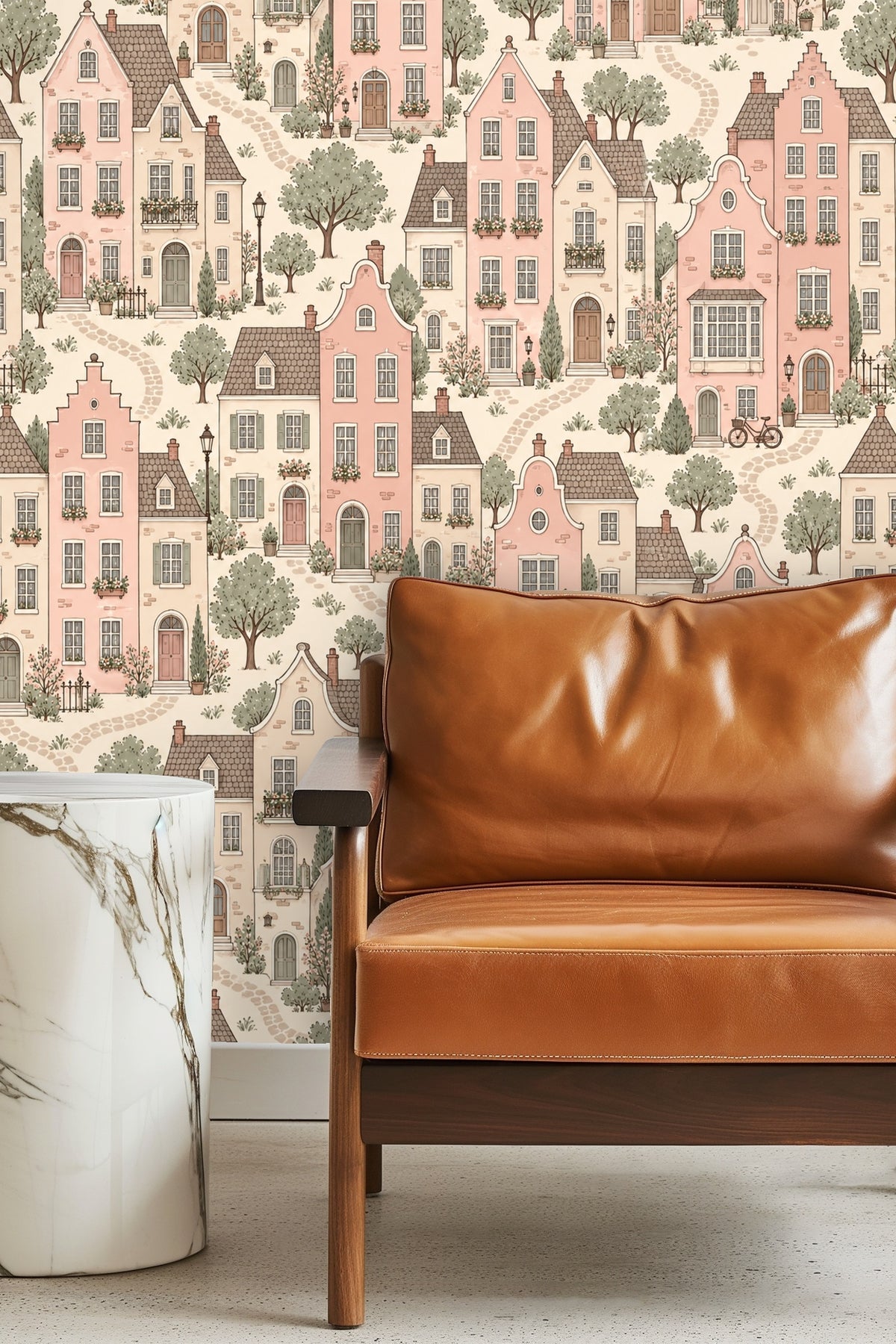 Seamless wallpaper design of blush-toned European style houses with cobblestone paths