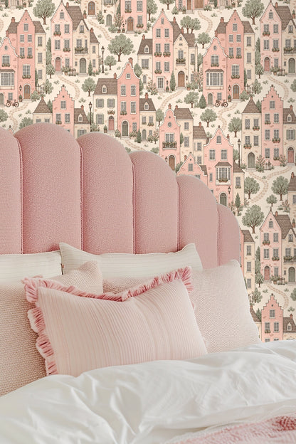 Curved-top house facades rendered in soft watercolor linework with muted pinks and greens