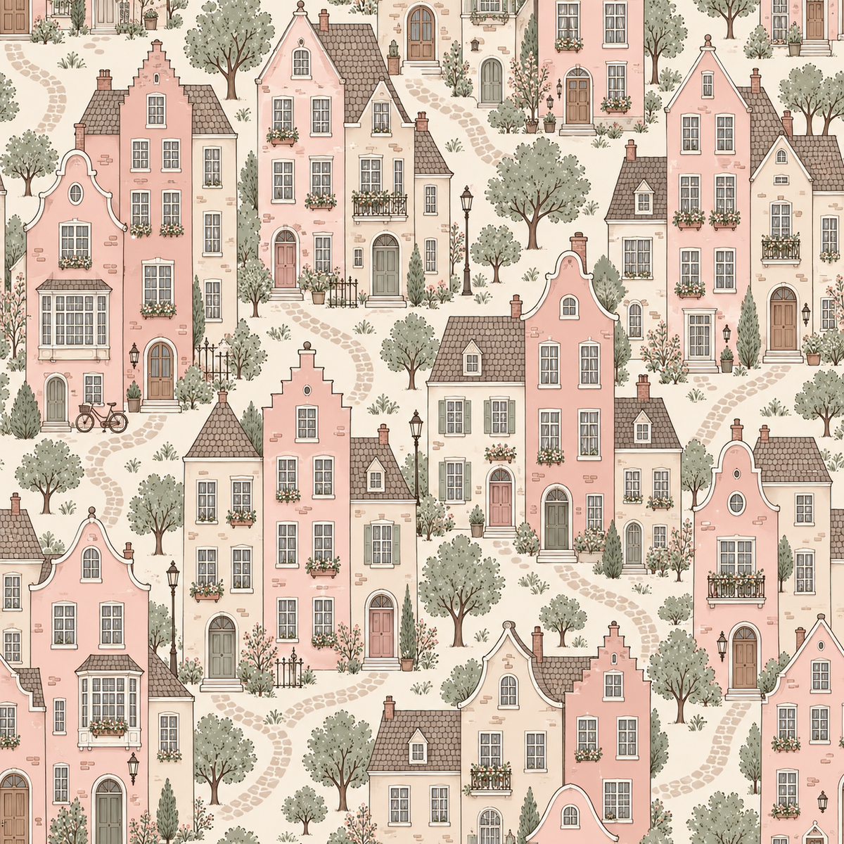 Detailed botanical accents like small trees and shrubs bordering European-style houses
