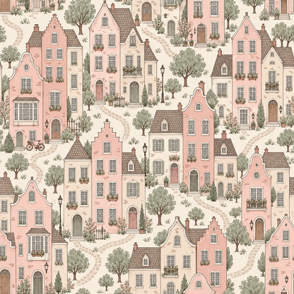 Detailed botanical accents like small trees and shrubs bordering European-style houses