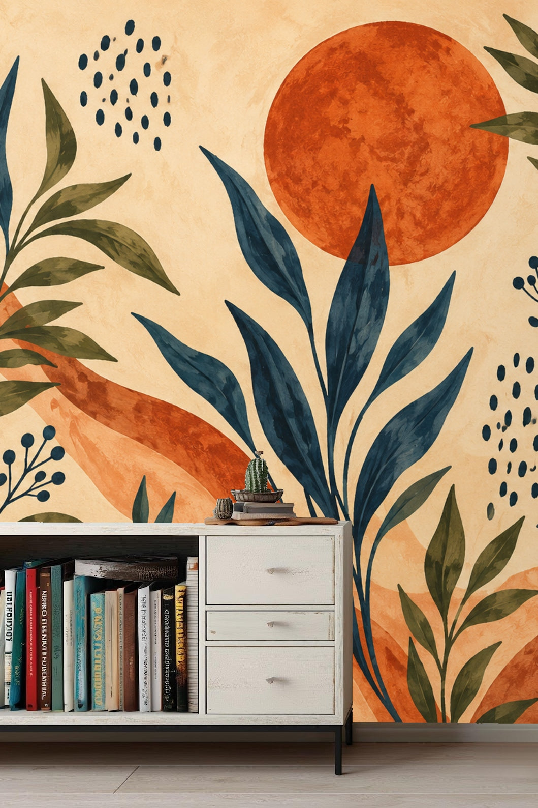 Artistic wallpaper showcasing warm orange circles with layered botanical silhouettes
