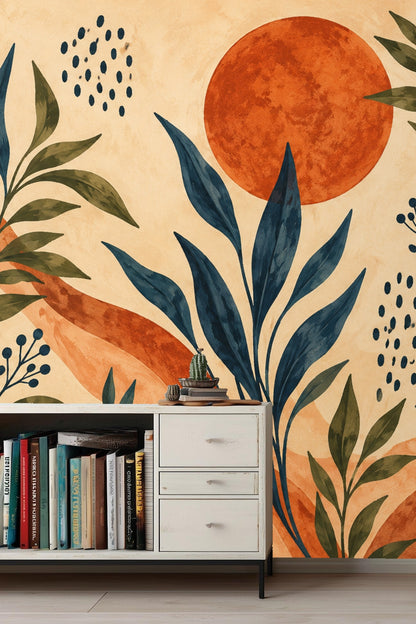 Artistic wallpaper showcasing warm orange circles with layered botanical silhouettes