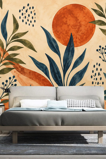 Decorative abstract botanical wallpaper illustrating textured suns and painted leaves