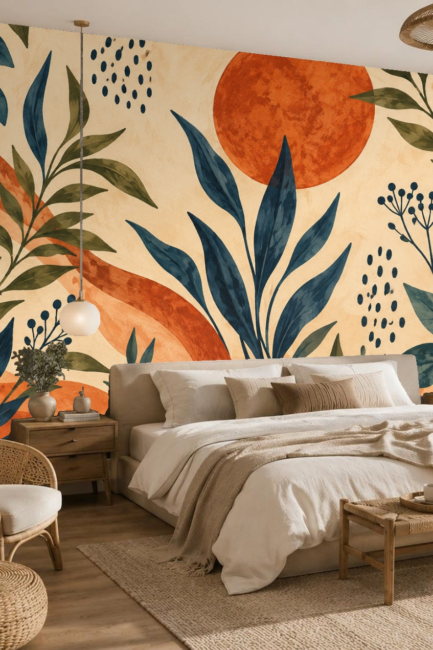 Close-up of abstract botanical wallpaper with terracotta sun circles and indigo and olive leaves