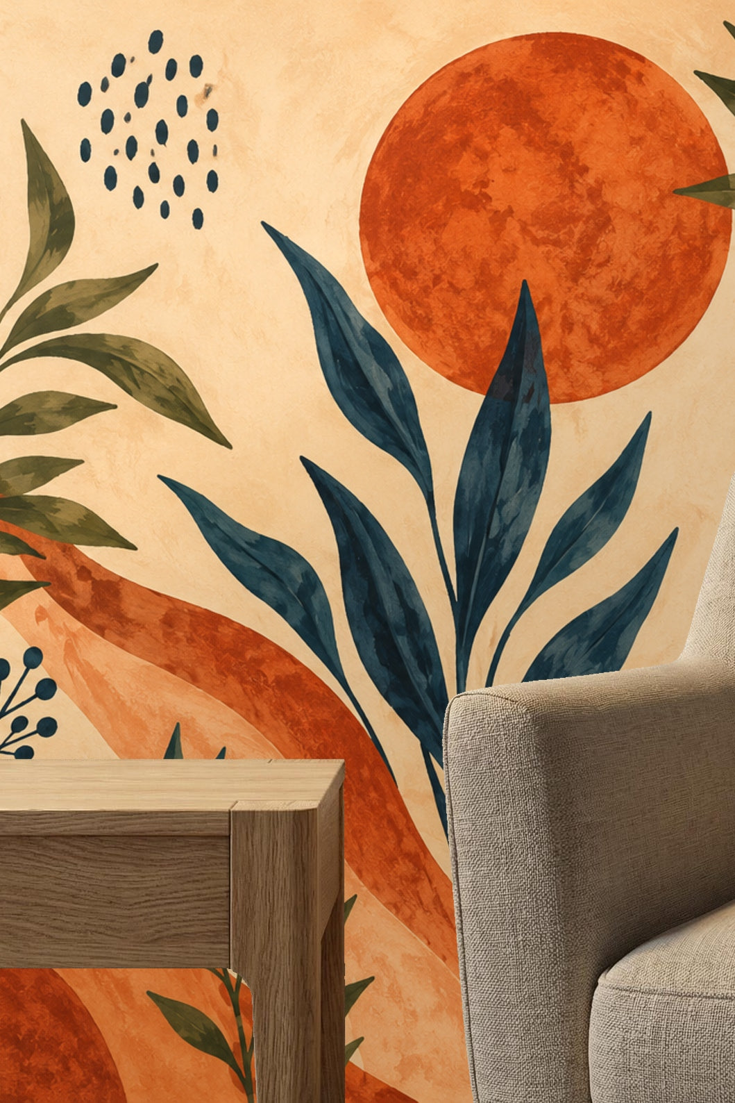 Interior shot showing natural wood furniture against bold patterned wallpaper