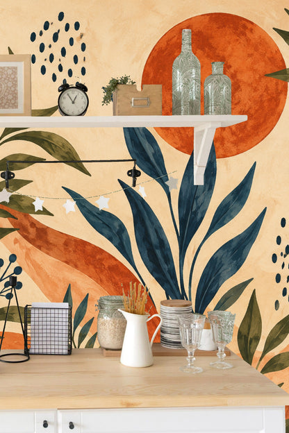 Plant and leaf pattern wallpaper with midcentury style brush strokes