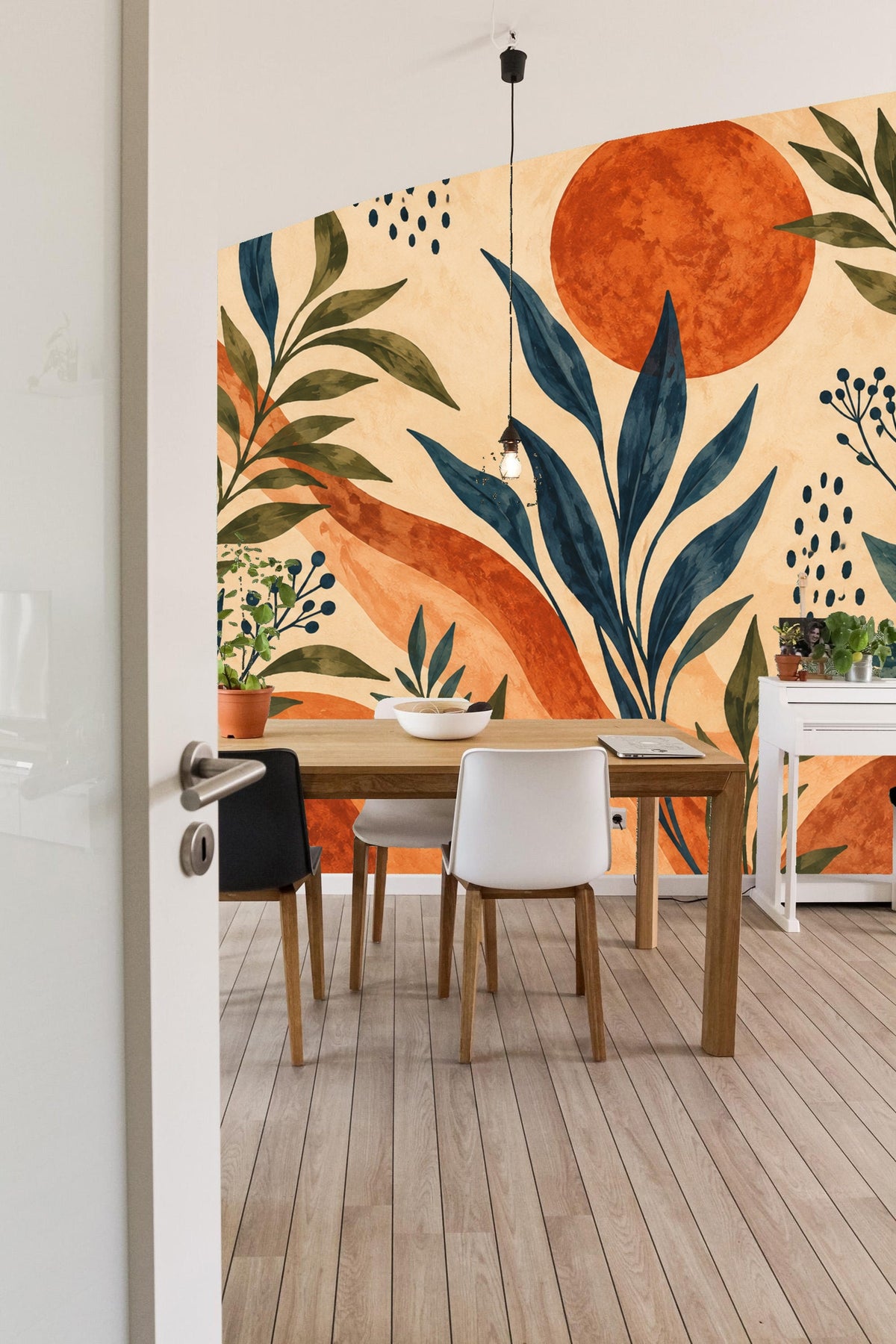 Large-scale foliage wallpaper with soft ochre background and burnt orange circular shapes