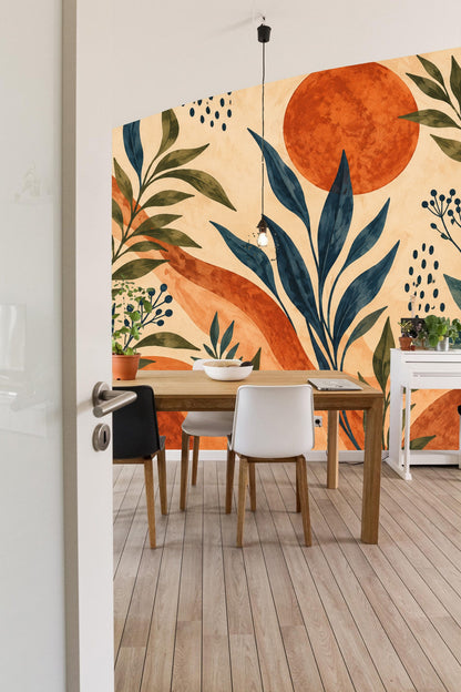 Large-scale foliage wallpaper with soft ochre background and burnt orange circular shapes