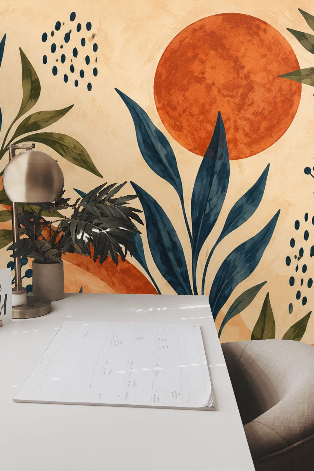 Modern bedroom with terracotta sun and abstract blue leaf wallpaper accent wall