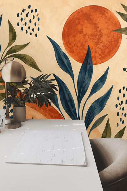 Modern bedroom with terracotta sun and abstract blue leaf wallpaper accent wall