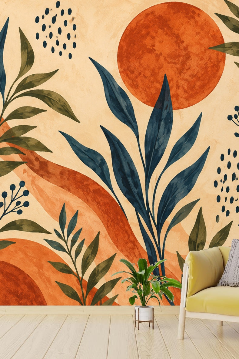 Bedroom scene featuring large-scale terracotta sun and blue-green foliage wallpaper wall