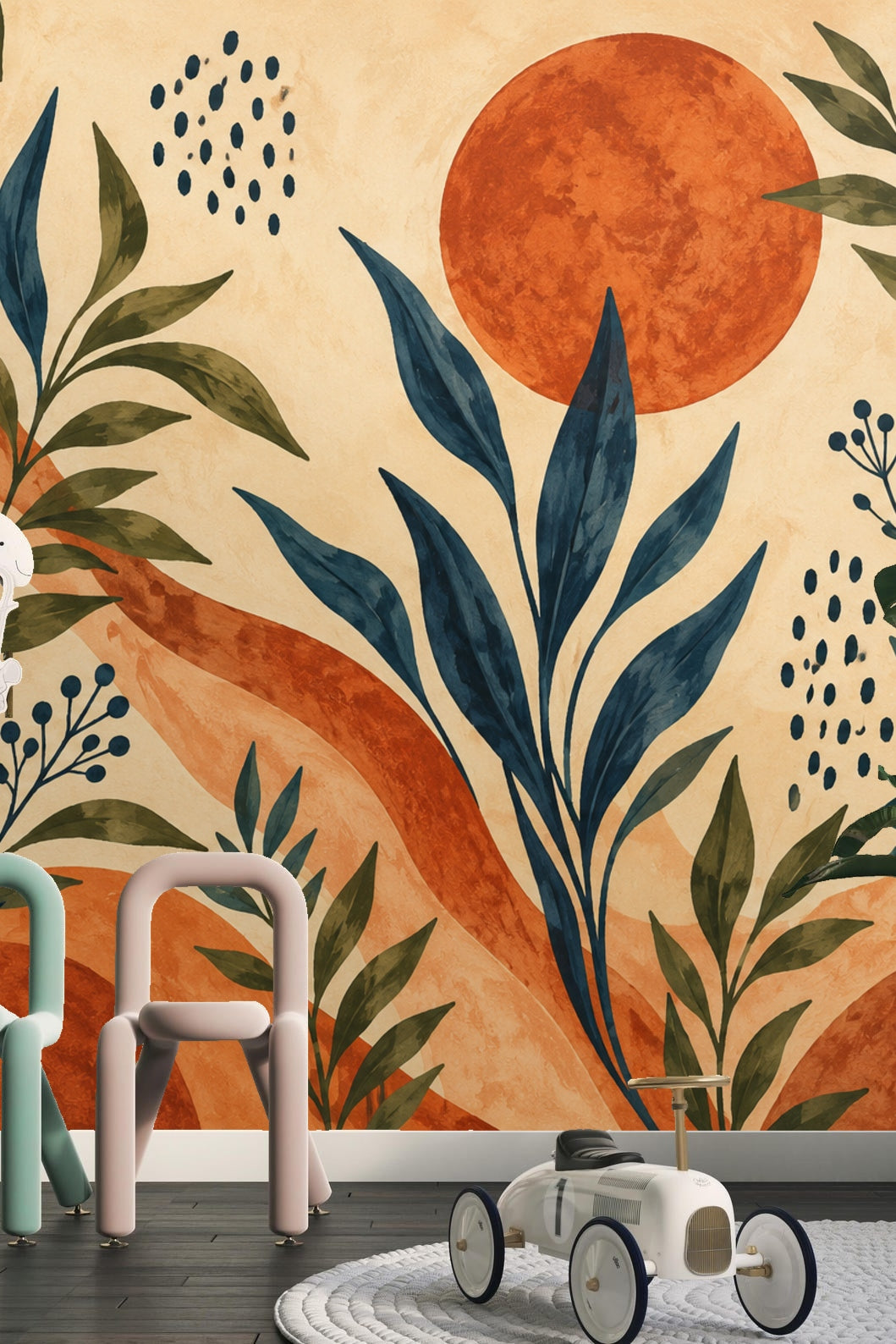 Abstract wallpaper detail with textured ochre background and organic leaf shapes