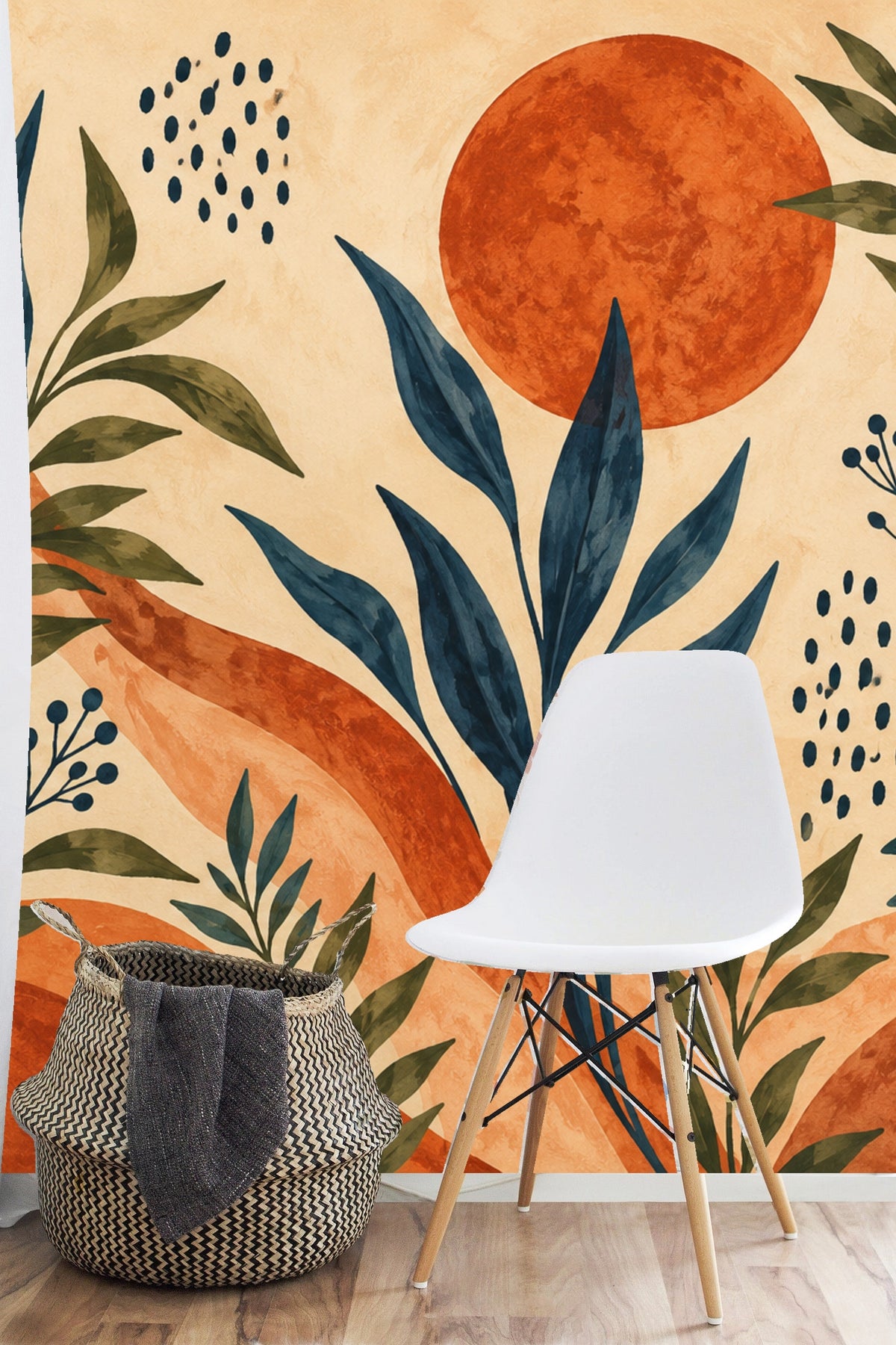 Room corner with wallpaper featuring painterly plant shapes and vibrant terracotta accents