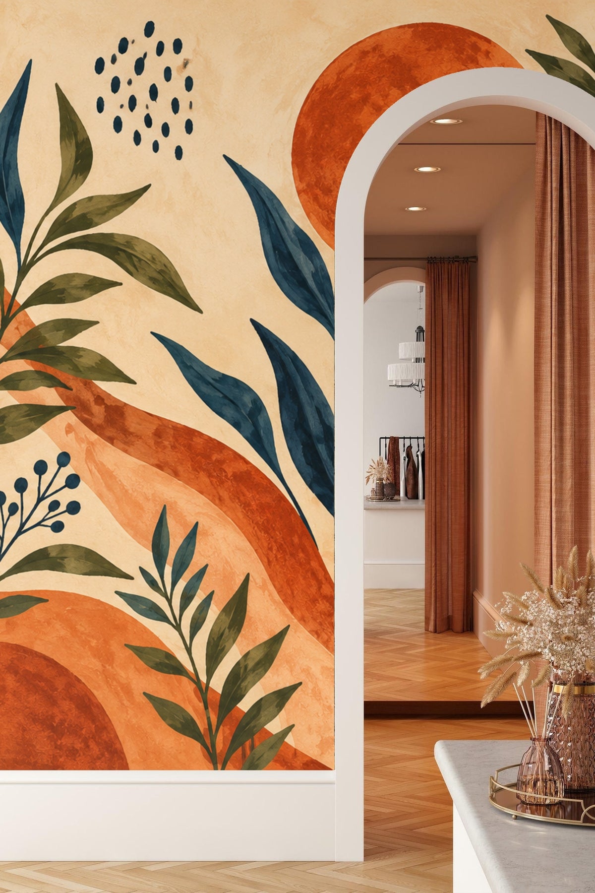 Living area featuring wallpaper with bold terracotta round motifs and blue-green leaves