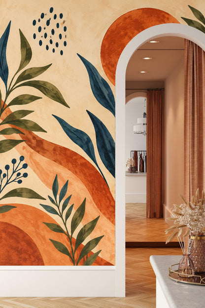 Living area featuring wallpaper with bold terracotta round motifs and blue-green leaves
