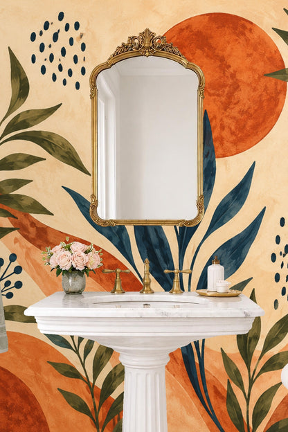 Detailed shot of painterly orange sun with surrounding green and indigo leaves on wallpaper