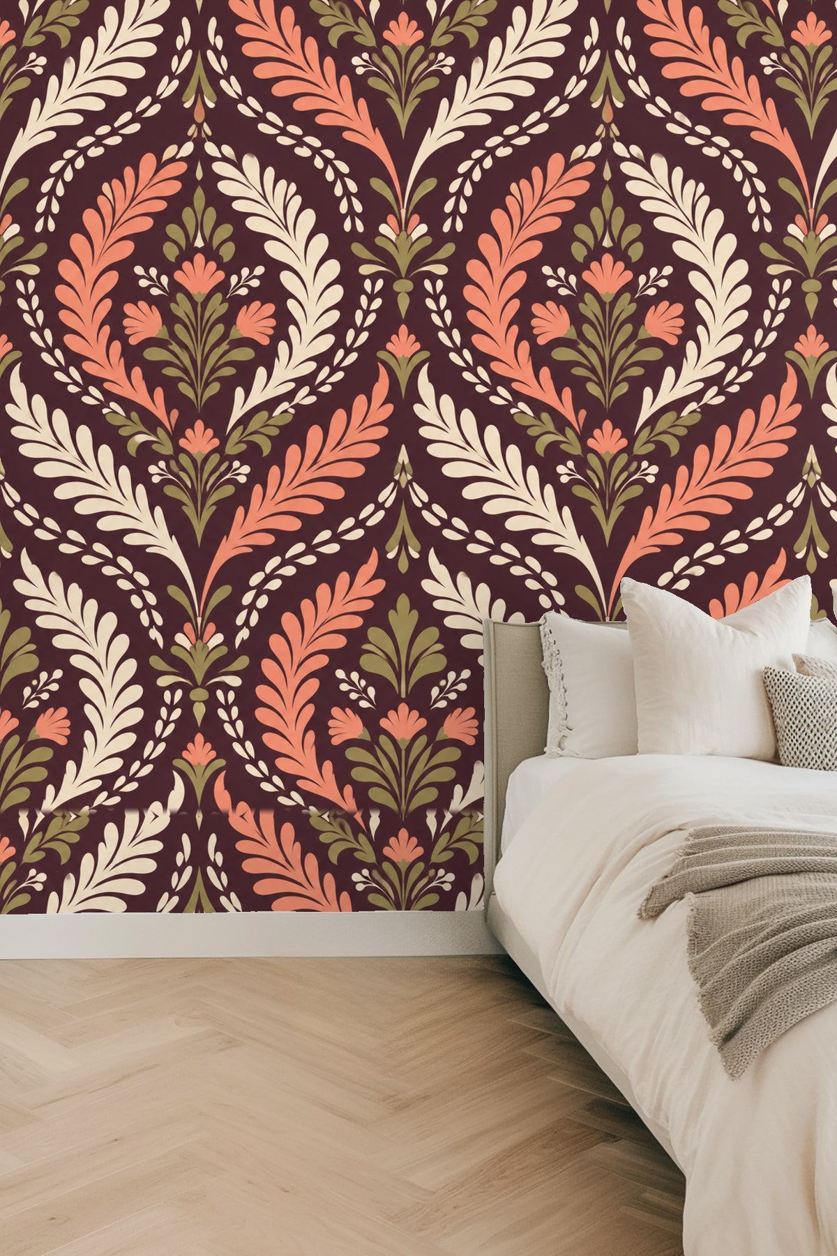 Bold terracotta and olive damask pattern on dark plum background