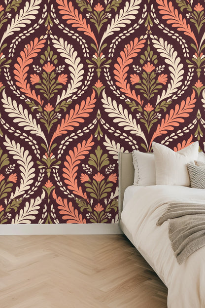 Bold terracotta and olive damask pattern on dark plum background