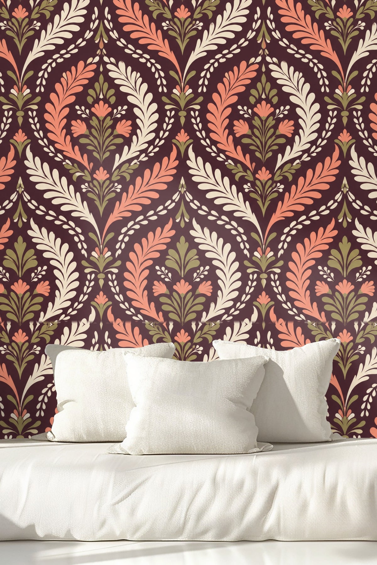 Dark plum background enhances terracotta and olive flourish