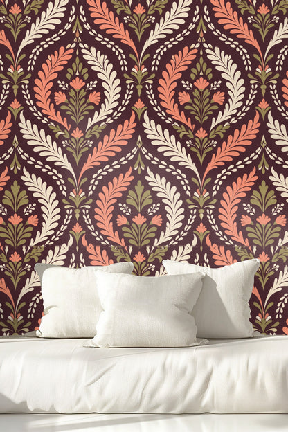 Dark plum background enhances terracotta and olive flourish