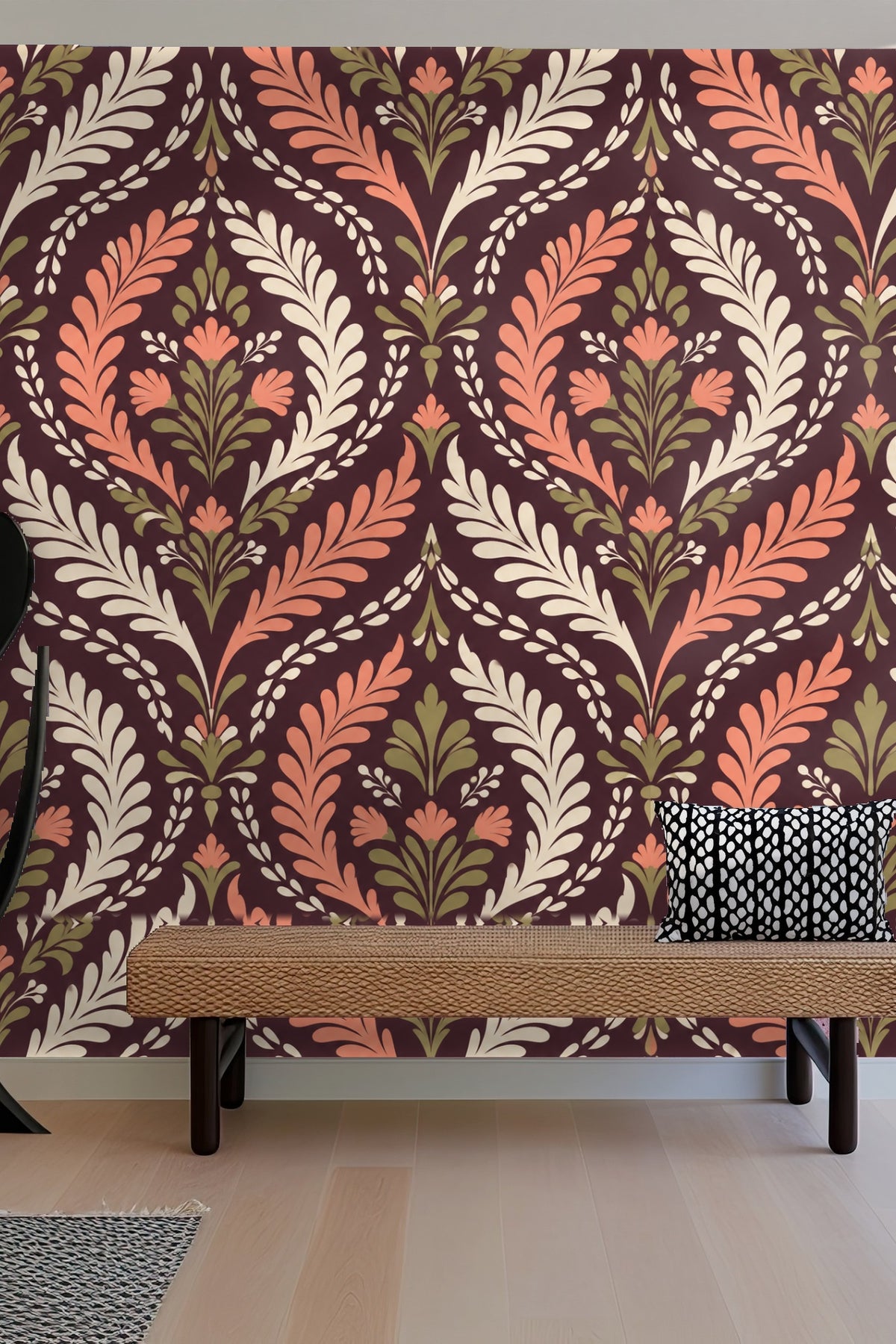 Side view of wallpapered wall with mid-century furniture