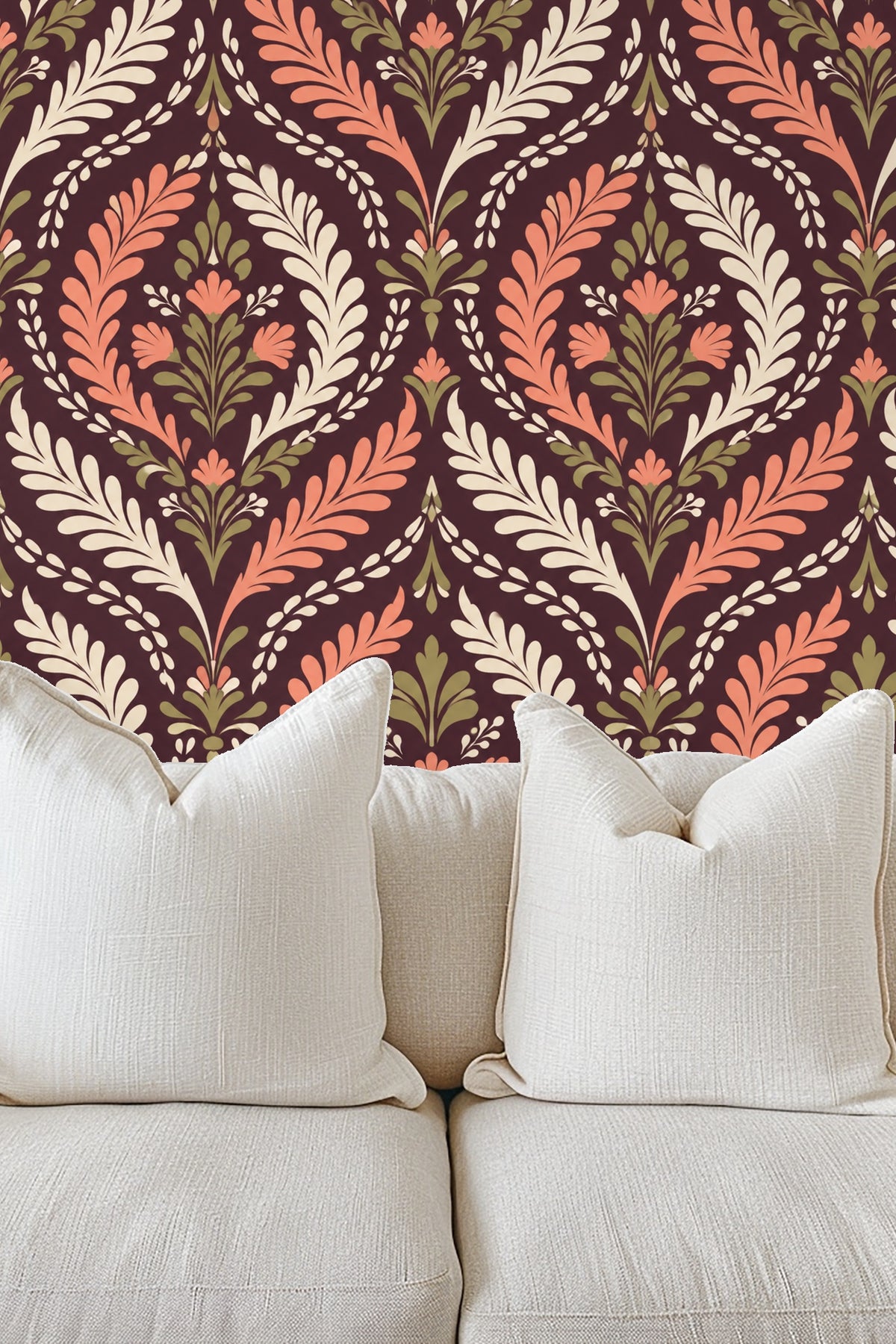 Close-up of terracotta, ivory, and olive intricate damask pattern