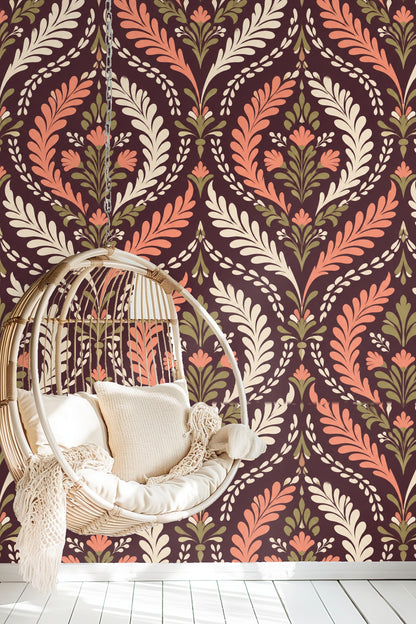 Muted earth-tone floral wallpaper design