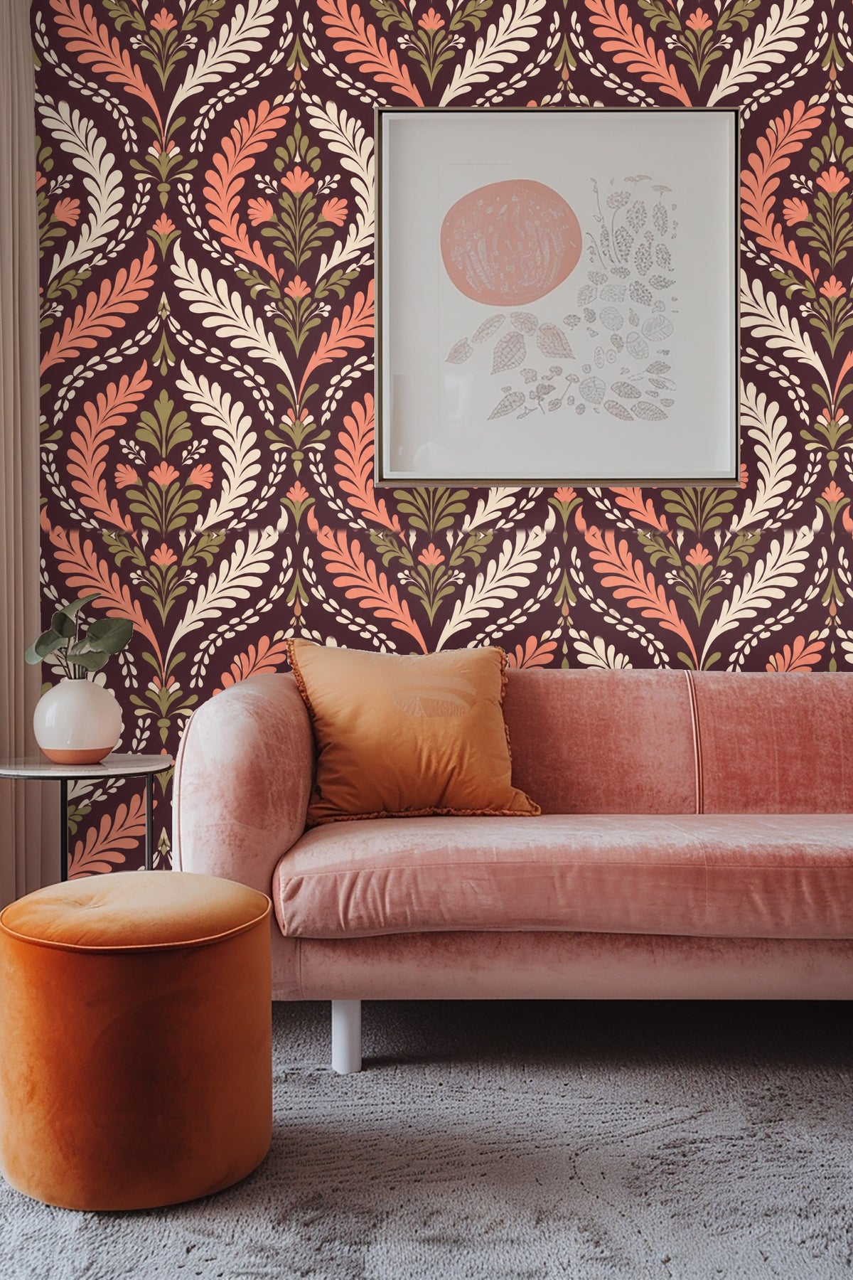 Coral and olive leaves arching within pattern