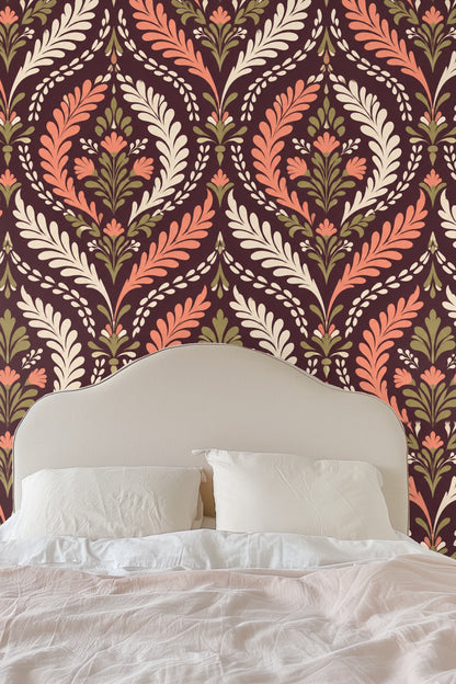 Abstract foliage shapes forming symmetrical damask layout