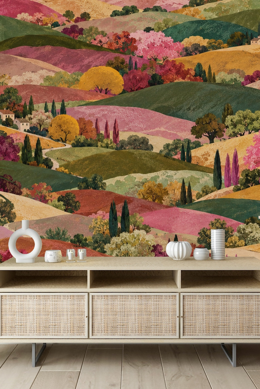 Partial view of a soft pink and golden hill blending into forested green sections