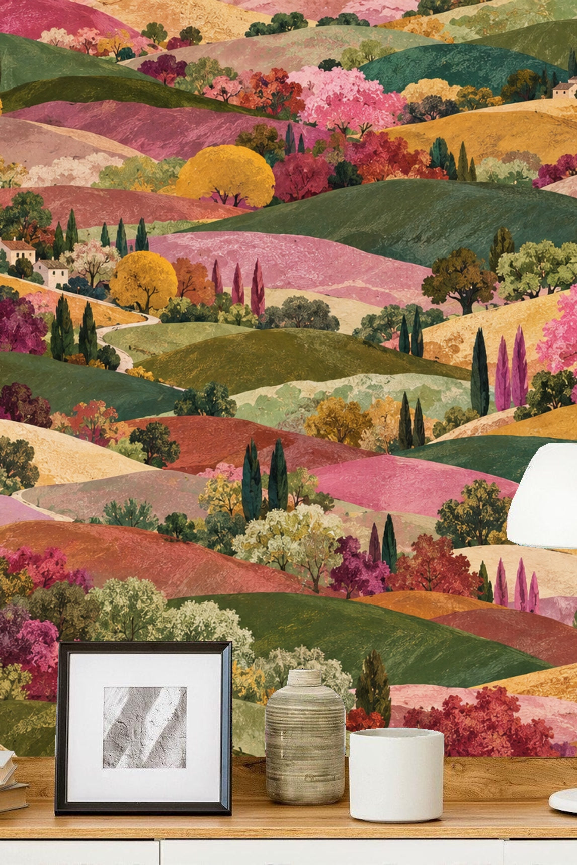 Segment of wallpaper emphasizing painterly layering and delicate architectural elements