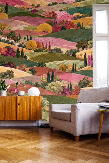 Fragment of the wallpaper near ceiling showing variation in tree colors and hill shapes