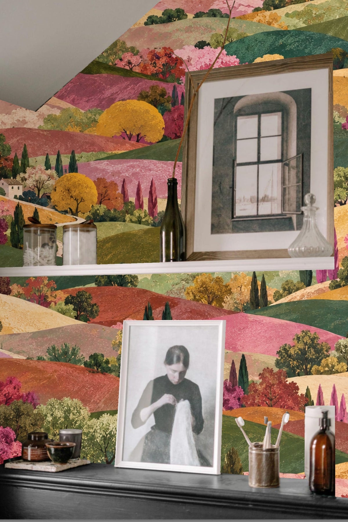 Side panel of the wallpaper exhibiting gradual color transitions from green to pink hill patches