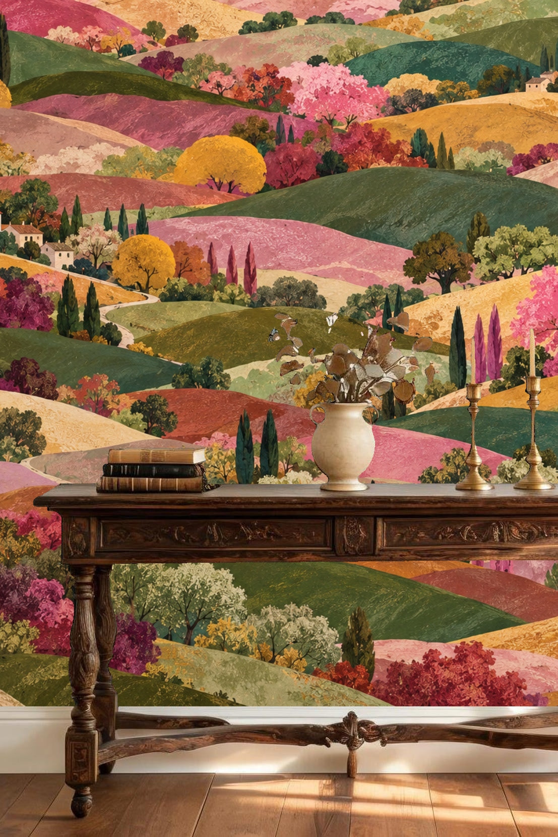 View capturing multiple tree species and their distinct colorations in the hillscape