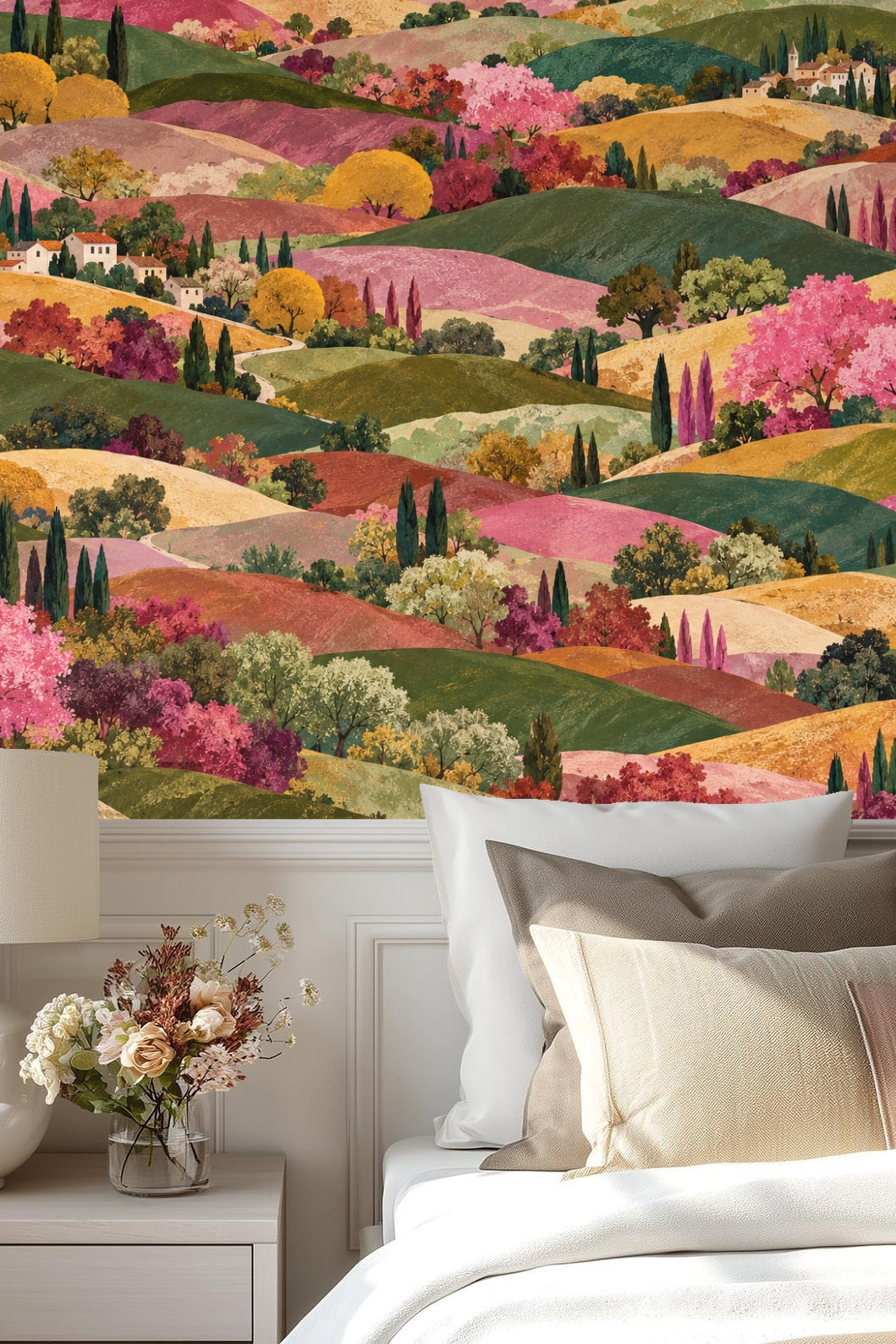 Illustrated wallpaper depicting rolling Tuscan hills in layered greens, pinks, and golds with villa rooftops and cypress trees