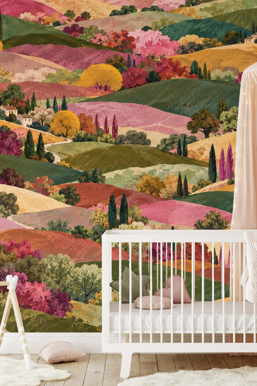 Close-up view of wallpaper hills and trees showcasing brushstroke textures in warm and cool tones