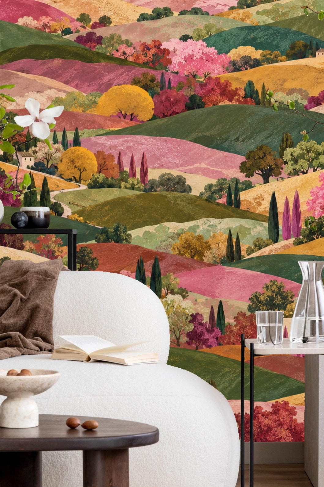 Wide shot of wall section demonstrating the mural's expansive, seamless landscape repeat