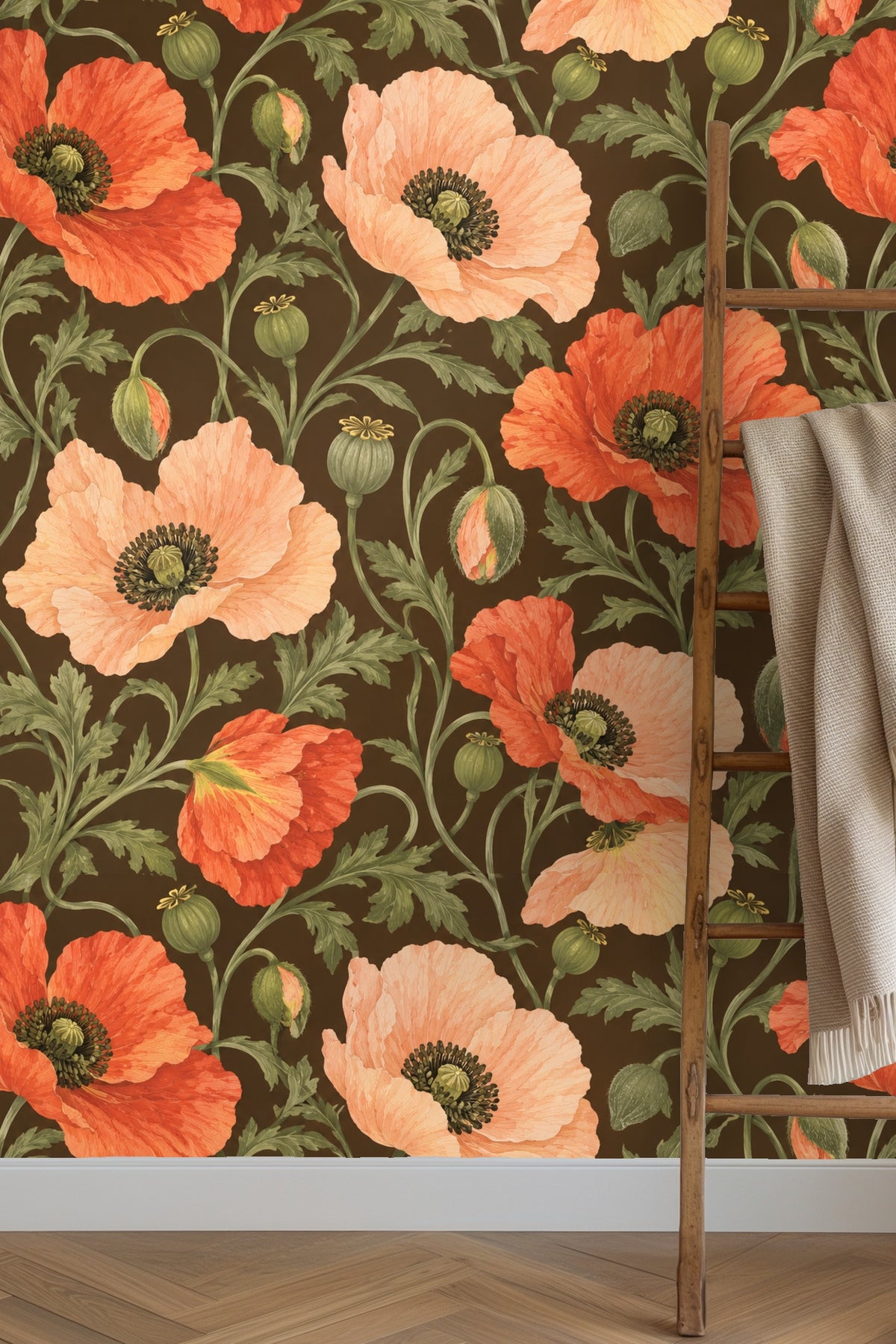 Pattern repeat showing flowing poppy stems and buds in a vintage naturalistic style